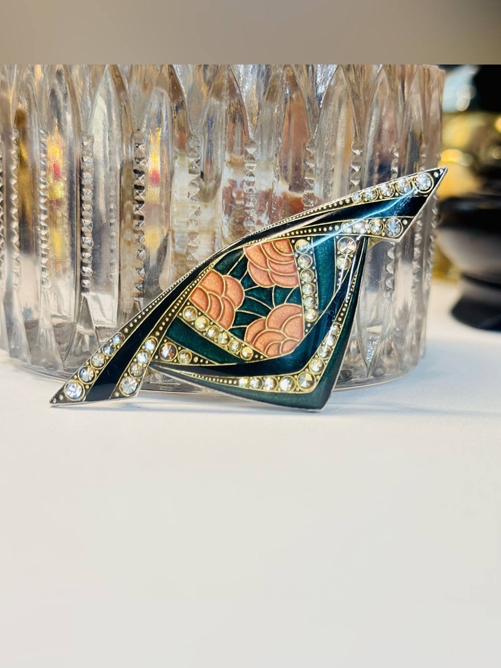 Vtg Catherine Popesco France Art Deco Revival Enamel & Rhinestone Brooch